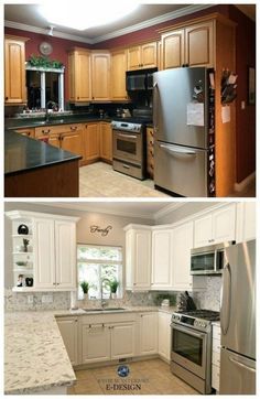 before and after pictures of a kitchen remodel with white cabinets, stainless steel appliances