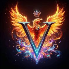 the letter v with an eagle on it's back and flames coming out of its wings