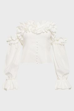 Amp up the volume with this romantically ruffled corset top. Frilled with frothy swathes of fabric, a Bardot neckline and ruffled cuffs, it promises to bring va va voom to your favourite jeans or cigarette trousers.. Bardot Neckline, Va Va Voom, Corset Top, Favorite Jeans, No Frills, Ruffle Blouse, Buy Online, Trousers, Cuff