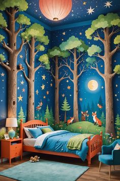 a child's bedroom decorated in blue and green with trees, stars and foxes