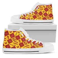 Harry Potter Shoes Gryffindor Caro High Top Sneakers VM0029 - 1 - Wear Wanta Gryffindor Shoes, Harry Potter Shoes, Sneakers High Top, Halloween Shoes, Harry Potter Gryffindor, Timeless Classic Style, Mens High Tops, Trendy Sneakers, Giza