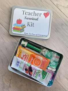 the teacher survival kit is packed with toothpaste, lip balm, and dental floss