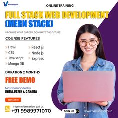 a woman holding a laptop computer in front of her face with the caption full stack web development omen stack