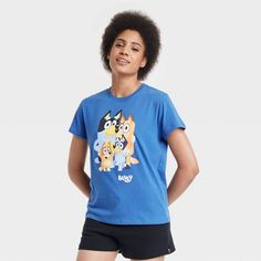 Women's Bluey Short Sleeve Graphic T-Shirt - Blue L Funny Blue Crew Neck Top, Funny Blue Short Sleeve Top, Funny Blue T-shirt With Character Print, Fun Blue T-shirt With Character Print, Fun Blue Tops With Character Print, Playful Blue Short Sleeve T-shirt, Lizard Brain, Bluey Toys, Bluey Shirt