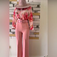 Please Message Me For Availability In Your Size! Belt Is Included And Shirt Is Sold Separately! Pink Floral Print Bottoms For Brunch, Casual Pink Pants For Night Out, Feminine Pants For Spring Night Out, Feminine Pants For Night Out In Spring, Fitted Floral Print Pink Bottoms, Pink Floral Print Pants For Day Out, Elegant Floral Print Pants For Party, Pink Pants For Fall Day Out, Elegant Floral Print Party Pants