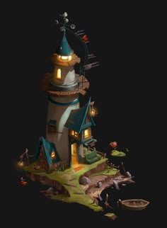 a small tower with a clock on the top and some animals around it at night