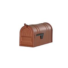 a brown mailbox sitting on top of a white wall