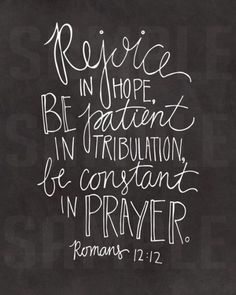 a chalkboard with the words, rejoice in hope and be patient in crribution, be constant in prayer