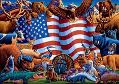 the american flag is surrounded by animals and an eagle on it's back side