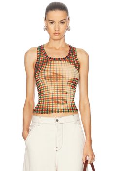 100% polyamide.  Made in Italy.  Hand wash.  Pull-on styling.  Scoop neckline at front.  Racerback design at back.  Mesh fabric.  Garment is intentionally sheer, undergarments will show through.  .  .  .  .  .  .  .  . Yellow Jeans, Mesh Tank Top, Red Jeans, Jean Top, Paul Gaultier, Cami Tanks, Jean Paul, Jean Paul Gaultier, Yellow Blue