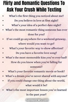 Discover the best flirty and romantic questions to ask your crush while texting to spark interesting conversations and deepen your connection. Questions About Your Crush, Flirty Questions To Ask Your Crush, Cute Questions To Ask Your Crush, Questions To Ask Your Crush Over Text, Deep Questions To Ask Your Crush, Spicy Questions To Ask Your Crush, Question To Ask Your Crush, Questions To Ask Crush, Romantic Questions To Ask