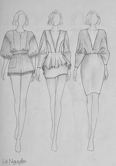 three women's dresses are shown from the front and back, with one woman wearing a