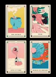 four tarot cards with different illustrations on them