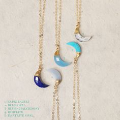 Moon shaped necklace for women - Blue gemstones collection Gifts for Her - Lapis Lazuli, Blue Opal, Blue Chalcedony, Howlite, Dendrite Opal Available stones: (select from drop down menu) 1) Lapis Lazuli 2) Blue Opal 3) Blue Chalcedony 4) Howlite 5) Dendrite Opal Pendant: 17Hx9Wx4Dmm (due to the nature of the genuine raw gemstones, all stones are different so the size is approximate and the one you receive might be slightly smaller or bigger) Chain: 16-18 inches adjustable chain. (can be clasped Chrysoprase Necklace, Lapis Lazuli Blue, Dendrite Opal, Lapis Lazuli Jewelry, Lapis Lazuli Necklace, Moon Shape, Amethyst Jewelry, Amethyst Necklace, Colourful Necklace