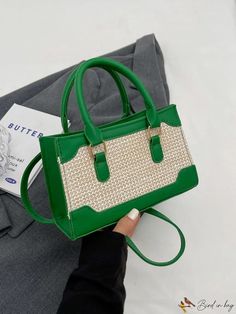 BirdinBag - Compact Vacation-Style Handbag: Contrast Edge, Adjustable Shoulder Strap Green Square Bag For Errands, Casual Square Box Bag For Errands, Trendy Green Straw Shopping Bag, Green Square Satchel For Errands, Trendy Green Straw Shoulder Bag, Green Rectangular Satchel For Shopping, Green Rectangular Shoulder Bag For Errands, Green Casual Satchel With Double Handle, Trendy Green Satchel For Errands