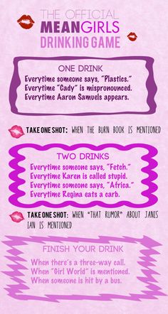 the official meangirls drinking game is shown in pink and purple colors, with instructions for