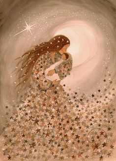 a painting of a woman holding a child in her arms with stars all over it