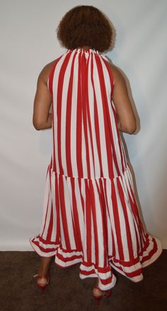 Stripe Print Dress 1 piece Flowy Vacation Dress Colors: Red/White, Yellow/White Sizes: One Size Fit All up to size 2X Red A-line Sleeveless Dress For Vacation, Red A-line Maxi Dress For Casual Occasions, Casual Red Sleeveless Dress With Ruffles, White A-line Sleeveless Dress For Casual Wear, White Ruffled Maxi Sundress, Red Ruffled Sleeveless Beach Dress, Red Sleeveless Beach Dress With Ruffles, Red Summer Midi Dress For Casual Occasions, Casual Red Ruffled Midi Dress