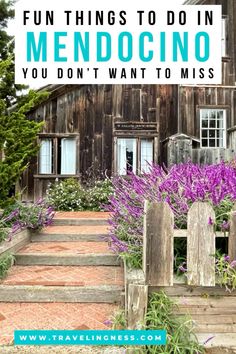 an old barn with purple flowers in front and the words fun things to do in mendocino you don't want to miss