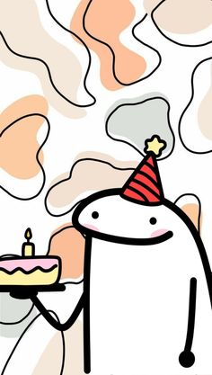 a cartoon character holding a cake with a lit candle on it's top and wearing a party hat