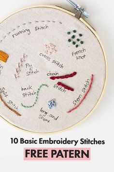 an embroidery pattern with the words'10 basic embroidery stitches free pattern'in it