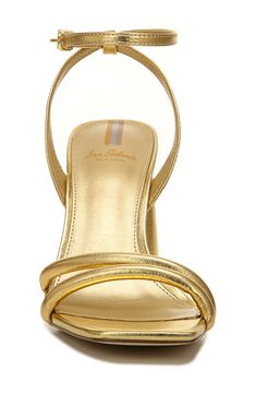 Delicate straps frame this alluring, sky-high sandal that's party-ready with a flirty buckle closure at the ankle. 4" heel (size 8.5) Open toe Adjustable ankle strap with buckle closure Leather or synthetic upper/leather lining/synthetic sole Imported | Sam Edelman Kia Ankle Strap Sandal Gold Slingback Sandals With Single Toe Strap For Party, Gold Slingback Sandals With Wrapped Heel, Gold Slingback Sandals With Heel And Toe Strap, Gold Slingback Heels With Wrapped Heel, Gold Strappy Heels With Heel Strap, Gold Heels With Single Toe Strap, Gold Strap Sandals For Evening, Party Strappy Slingback Sandals, Slingback Sandals With Buckle Closure For Night Out