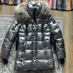 Bought Brand New From A Retail Store. Fits Like An Xs/S Luxury Silver Outerwear For Winter, Gray Parka With Detachable Hood, Luxury Fitted Silver Outerwear, Down Parka With Double-lined Hood, Military Parka With Detachable Hood For Cold Weather, Luxury Down Parka With Faux Fur Trim, Gray Long Sleeve Parka With Double-lined Hood, Down Parka, Parka