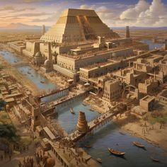 an artist's rendering of the great pyramid in egypt, with boats and people around it