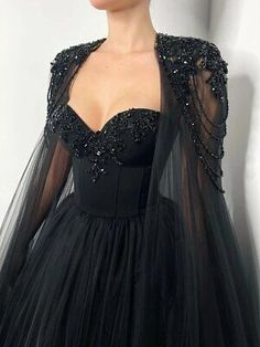 Beaded Corset, Black Wedding Gowns, Wedding Tulle, Tulle Cape, Black Evening Gown, Evening Dress Fashion, فستان سهرة, Black Wedding Dresses, Style Noir