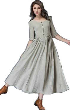 Spring A-line Maxi Dress With Buttons, Spring Maxi Dress With Buttons, Gray Cotton Maxi Dress For Summer, Gray Long Summer Dress, Gray Cotton Casual Maxi Dress, Spring Gray A-line Maxi Dress, Long Gray Summer Dress, Casual Gray Dresses With Buttons, Spring A-line Maxi Dress With Button Closure