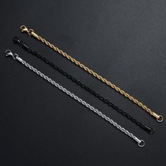 Elevate your accessory game with the exquisite Twisted Rope Chain Bracelet, a true embodiment of style and sophistication. Crafted to perfection, this bracelet is a seamless fusion of contemporary design and timeless elegance. Made from high-quality stainless steel and plated in luxurious gold black, it radiates opulence and refinement. The standout feature of this bracelet is its unique twisted rope chain design, which effortlessly captures attention and sets you apart from the crowd. Whether y Stylish Bracelet, Rope Design, Chain Design, Gold Bracelet Chain, Rope Chain, Stylish Accessories, Silver Bracelets, Gold Black, Chain Bracelet