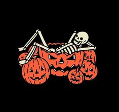 a skeleton driving a car with pumpkins on it