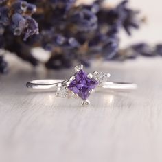 Amethyst Silver Ring, Dainty Promise Silver Ring, Unique Womens Amethyst Ring, Silver Art Deco Ring, Princess Cut Ring, Purple Stone Ring WE OFFER UNLIMITED PERIOD INSTALLMENTS PLAN This is a beautiful, stunning, feminine ring that works well for all occasions, styles, and ages. You will love it! Ring information: Main stone: Amethyst Approximate size: 4*4mm Accent stones: White cubic zirconia Metal type: Silver Metal stamp: 925 Sterling Silver Installment Payments We offer installment payments Purple Diamond Promise Ring In Fine Jewelry Style, Purple Sapphire Promise Ring In Fine Jewelry, Purple Sapphire Ring For Promise, Dainty Purple Ring With Accent Stones, Purple Amethyst Promise Ring In Fine Jewelry Style, Dainty Purple Rings With Accent Stones, Purple Sapphire Promise Ring Fine Jewelry, Gift Purple Diamond Ring With Prong Setting, Purple Diamond Ring With Prong Setting As Gift