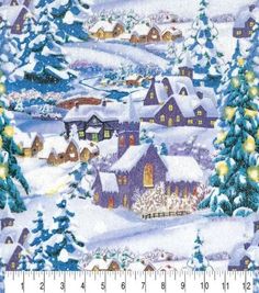 a christmas scene with houses and trees covered in snow