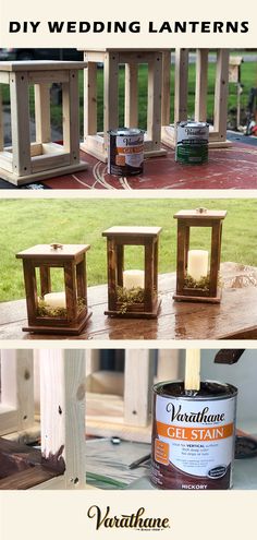 three pictures showing different ways to make wooden lantern holders with paint and wood shavings