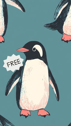 a penguin with a free sign on it's chest is surrounded by other penguins