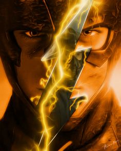 the flash and arrow are facing each other in front of an orange lightening background