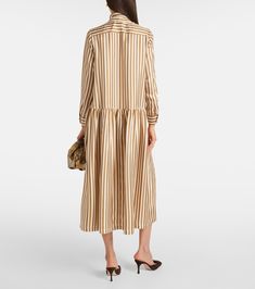 Faesite striped silk twill maxi dress in multicoloured - Max Mara | Mytheresa Elegant Striped Midi Dress For Daywear, Elegant Maxi Dress With Vertical Stripes, Elegant Striped Maxi Dress For Spring, Elegant Striped Maxi Dress For Daywear, Elegant Midi-length Dress With Vertical Stripes, Turtleneck Sweater Outfit, Long Fitted Dresses, Dress With Shawl, Elegant Party Dresses