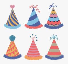 four party hats with different colors and designs