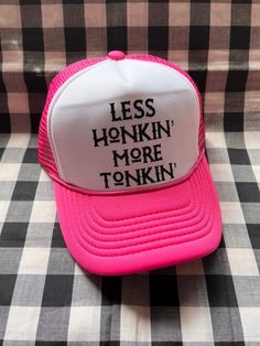 Less honkin more tonkin funny foam front trucker hat. pink/white hat Brand new One size fits most Funny Snapback Trucker Hat, Funny Trucker Hat For Streetwear, Funny Adjustable Trucker Hat For Streetwear, Fun Pink Trucker Hat With Flat Bill, Pink Fun Trucker Hat With Flat Bill, Pink Fun Style Trucker Hat With Flat Bill, Pink Fun Flat Bill Trucker Hat, Funny Car Magnets, Funny Trucker Hat