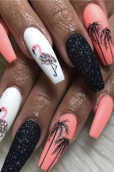 Flamingo Nails, Glitter Manicure, Nagellack Trends, Red Acrylic Nails, Trendy Nail Art, Summer Nails Colors