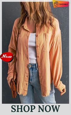 Apricot Textured Raw Edge Trim Buttons Shirt Orange Long Sleeve Blouse With Relaxed Fit, Orange Relaxed Fit Long Sleeve Blouse, Trendy Orange Long Sleeve Shirt, Orange Fall Top With Pockets, Orange Fall Tops With Pockets, Orange Tops With Pockets For Fall, Orange Long Sleeve Cotton Blouse, Orange Long Sleeve Shirt With Pockets, Orange Top With Pockets For Fall