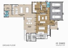 the ground plan for an apartment with three bedroom and two bathroom areas, including one living room