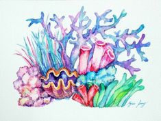 a watercolor painting of corals and seaweed