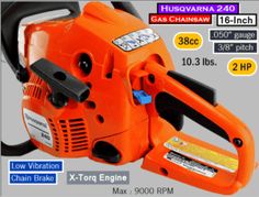 an orange chainsaw is shown with the price label below it and information about how to use it