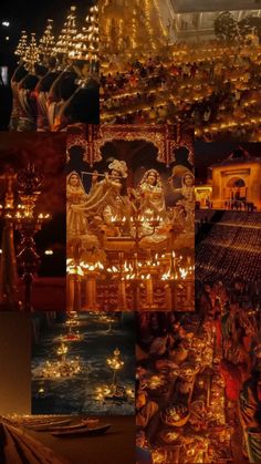 many different pictures of people and lights in a room with candles on the floor, above them is an image of buddhas surrounded by other images