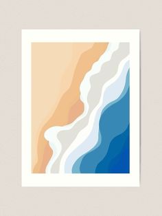 an abstract painting with blue, orange and white waves in the water on a beige background