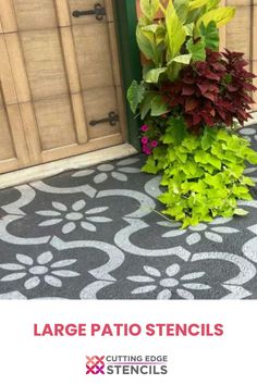 large patio stencils in front of a door with flowers on the floor and green doors