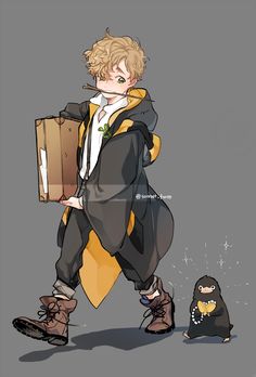 a drawing of a boy with a box and penguin