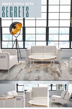 a series of photos showing different types of sofas and chairs in an open living room